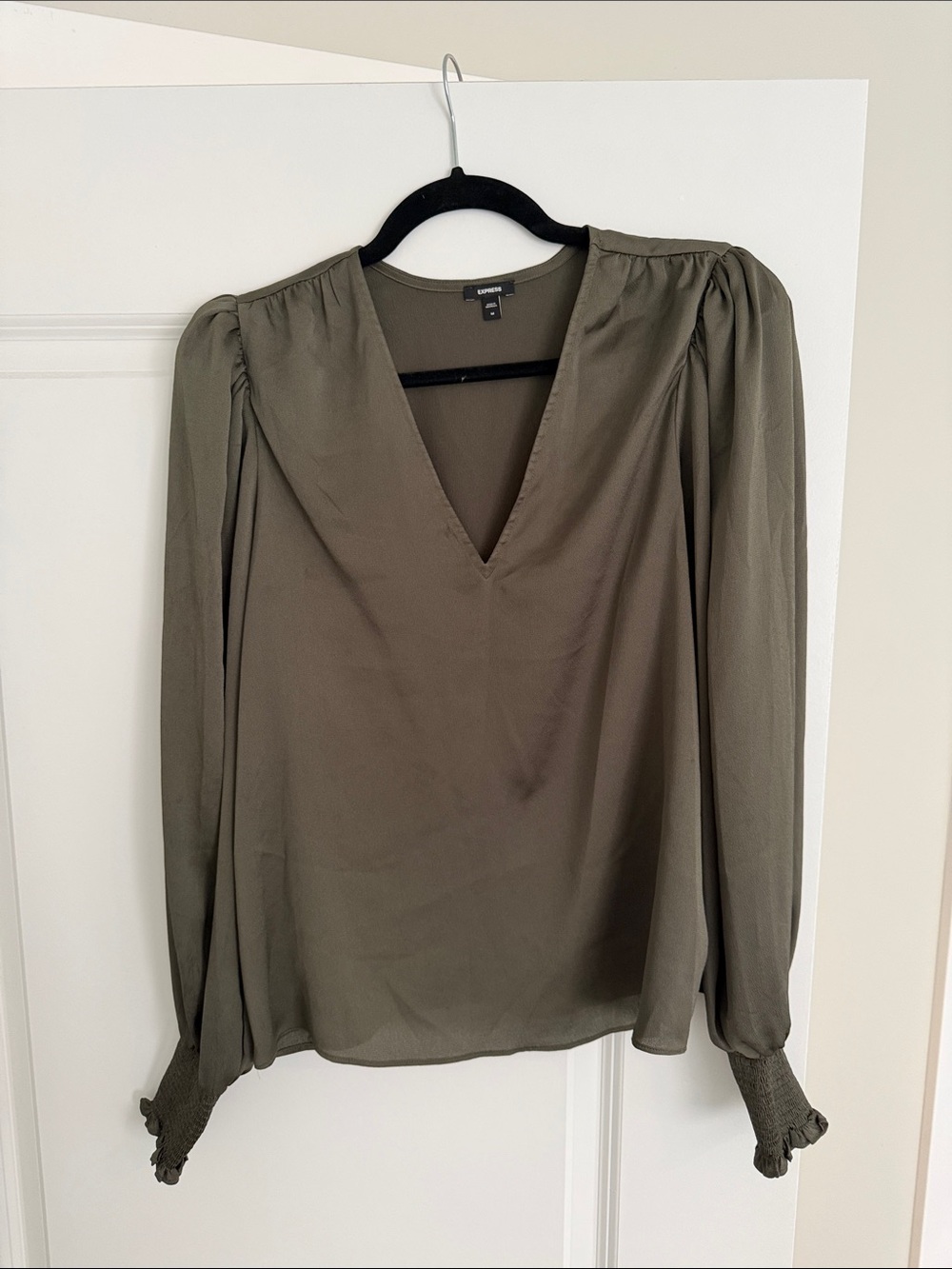 Express Olive Green V-Neck Puff Sleeve Blouse